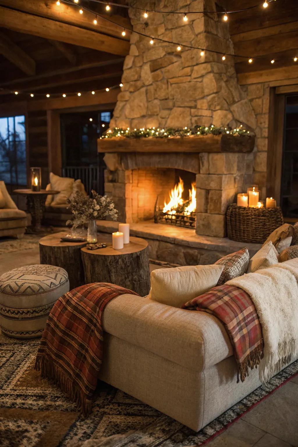 Plush seating enhances the cozy ambiance of this rustic fireplace setting.
