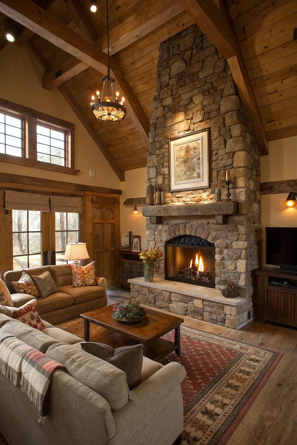 A stone fireplace creates a snug centerpiece for any rustic living space.