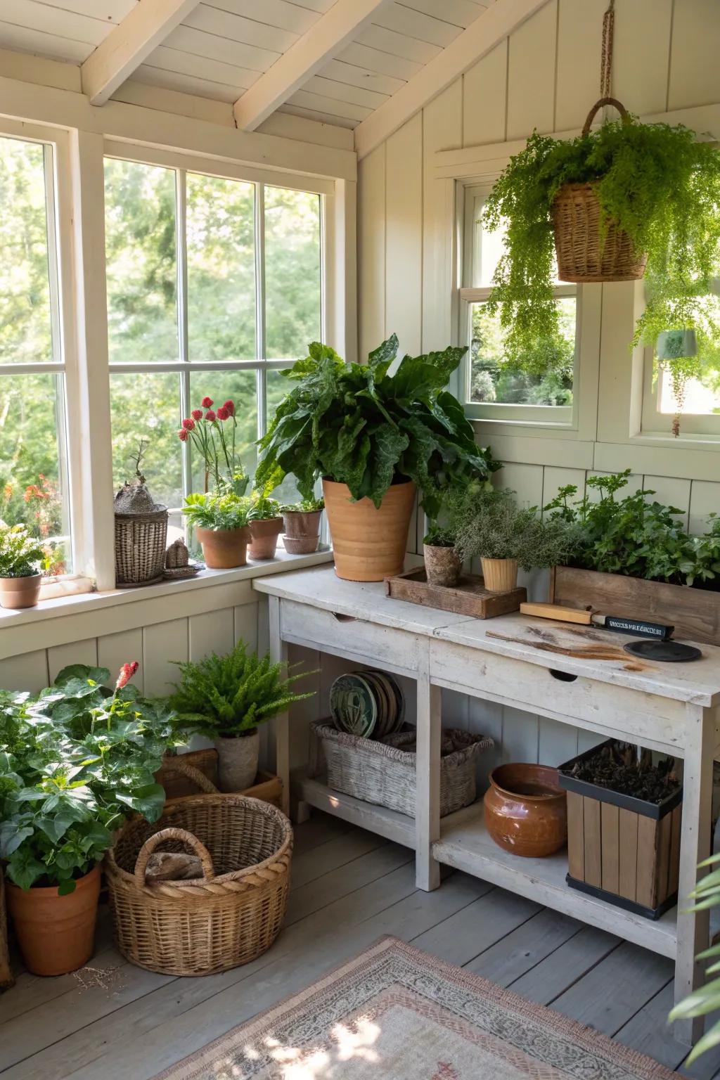 A peaceful garden hideaway overflowing with plants.