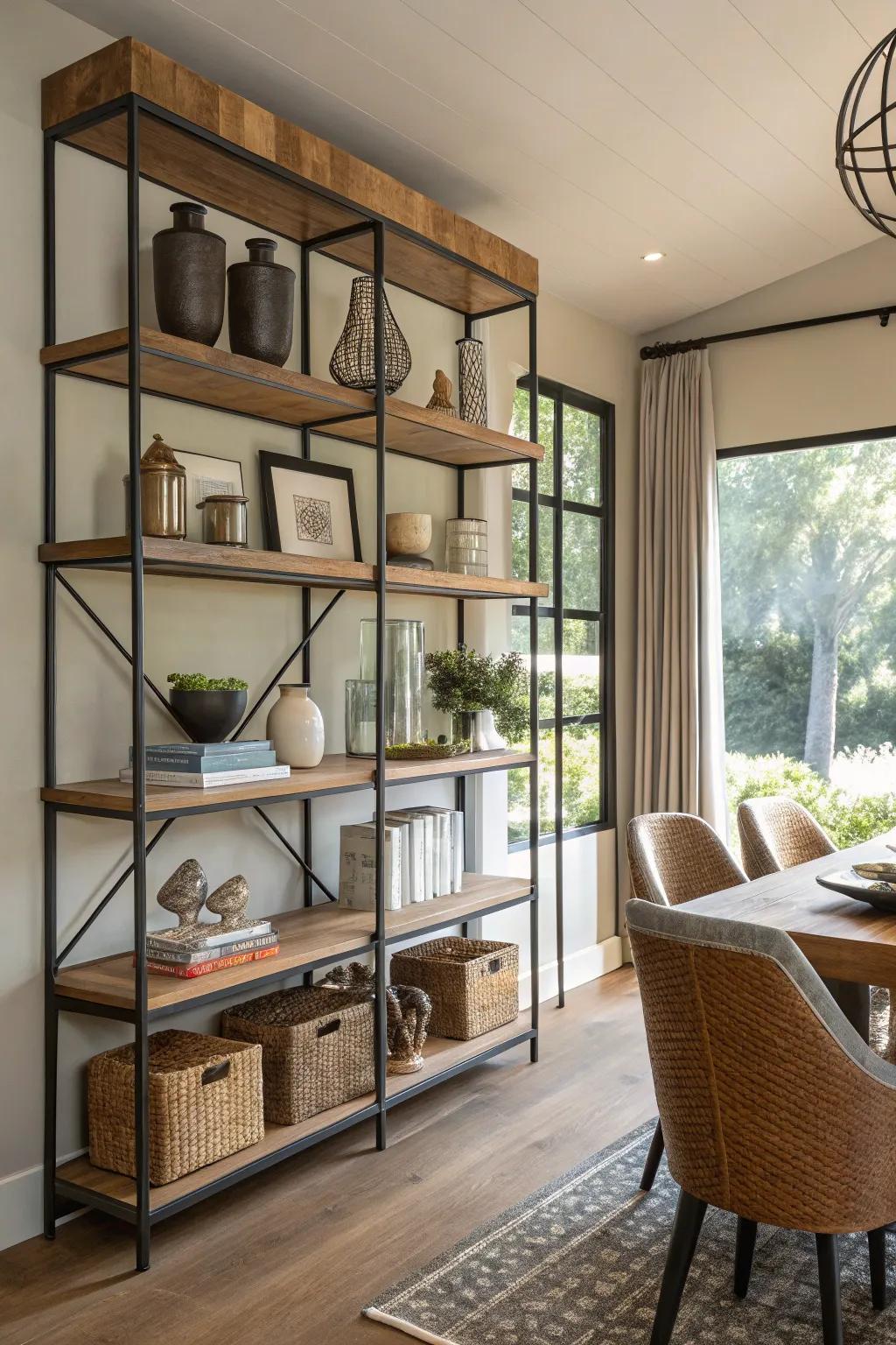 A striking blend of wood and metal shelving in a contemporary dining room.