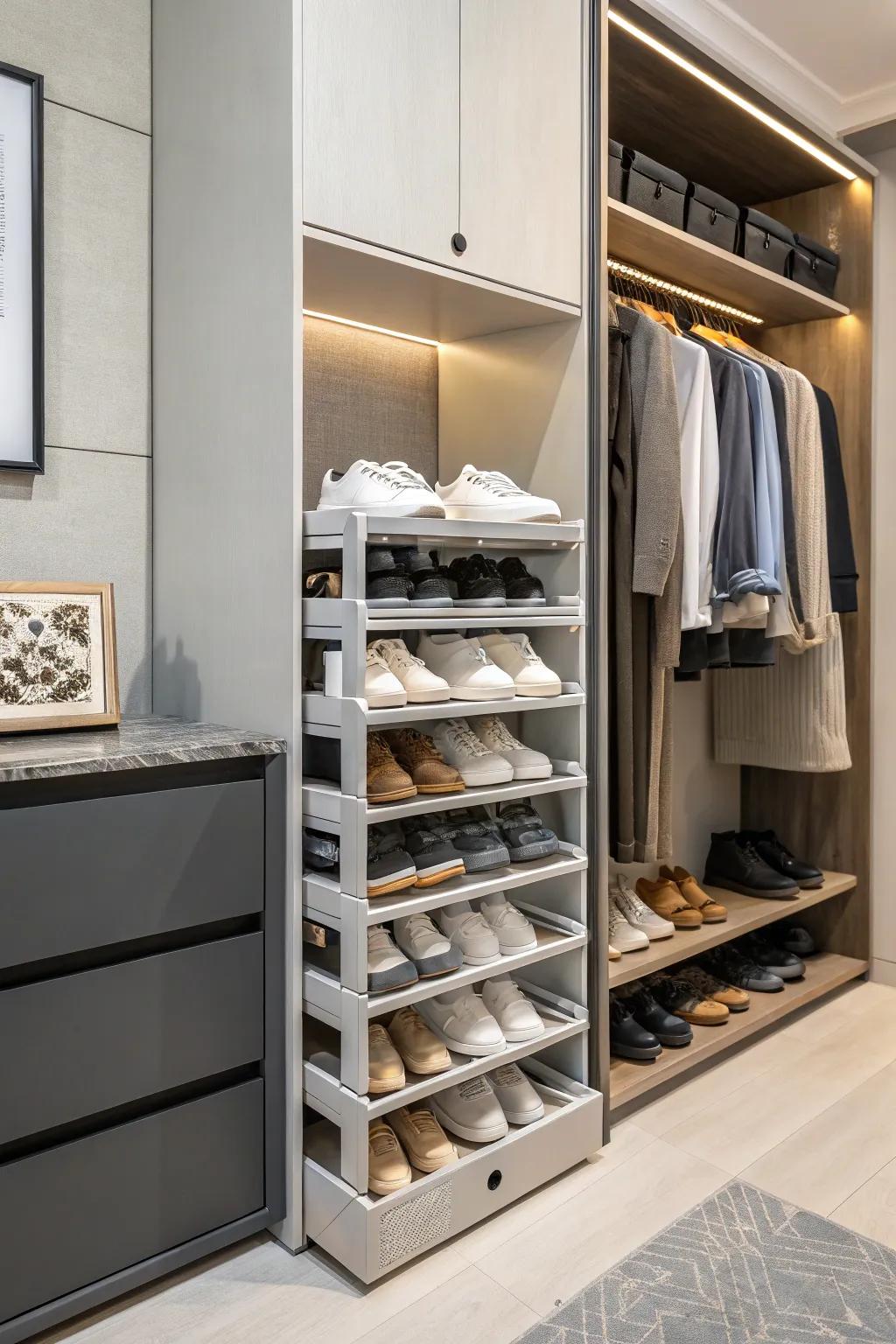 Adjustable stackable racks offer flexibility for any shoe collection.