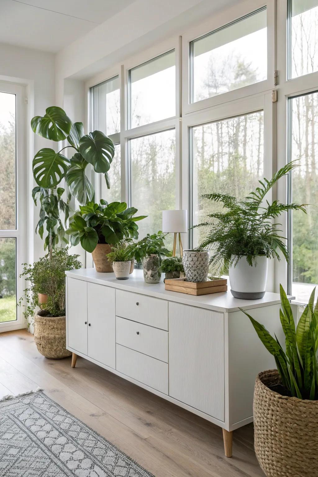 A collection of houseplants on a sideboard brings in vibrant greenery and texture.