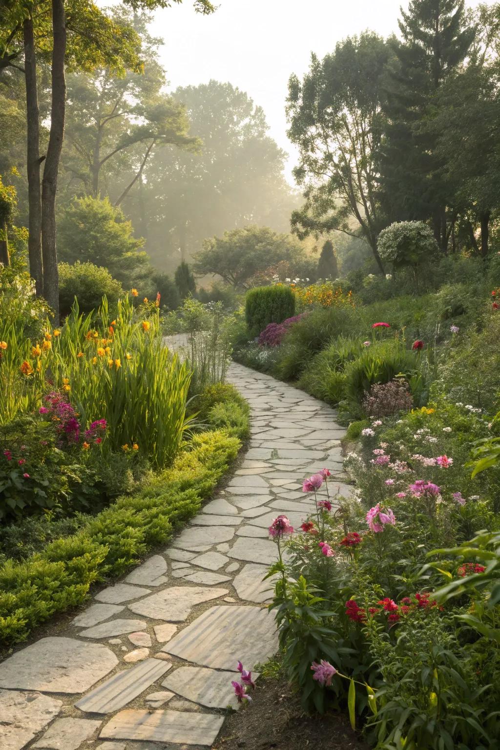 A rock pathway guiding through a peaceful garden setting.