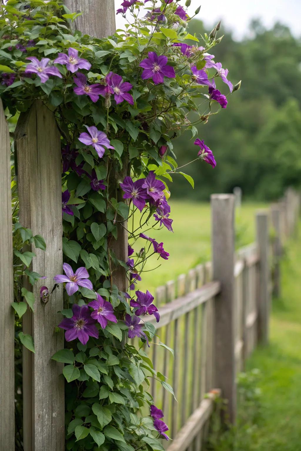 Clematis vines bring vertical elegance and color to fence lines.