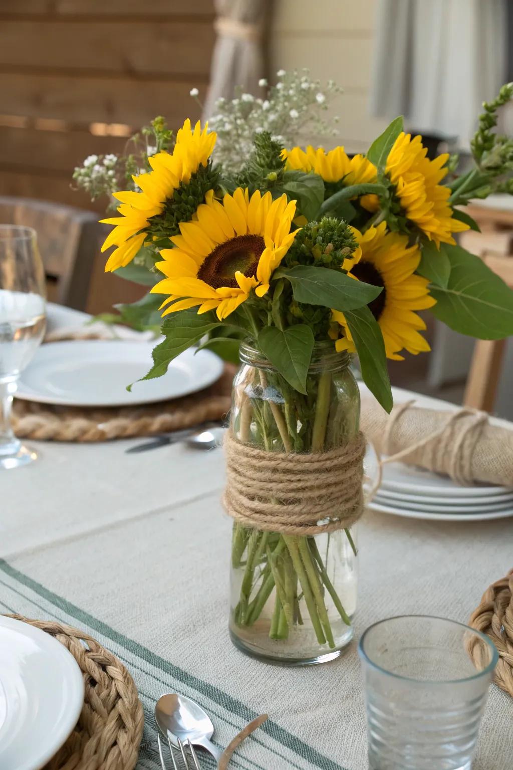 Rustic twine introduces a charming element to any sunflower arrangement.
