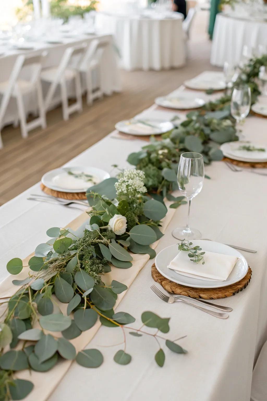 Eucalyptus greenery adds a fresh touch to the table.