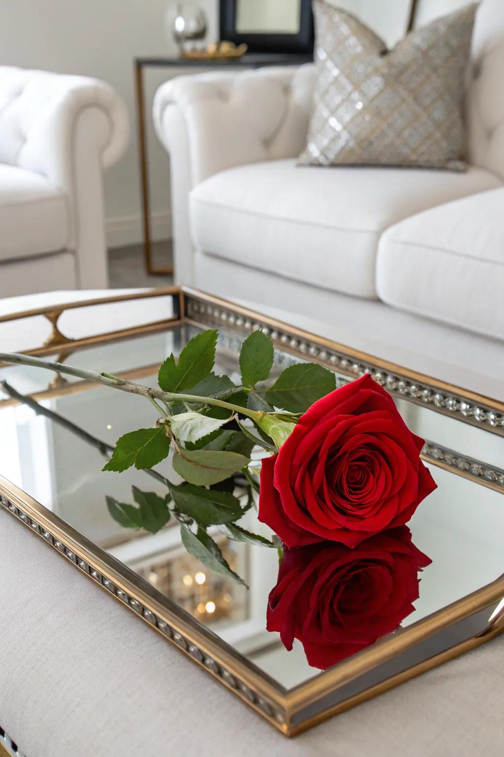 Using a mirrored tray enriches the visual impact of a single rose arrangement.
