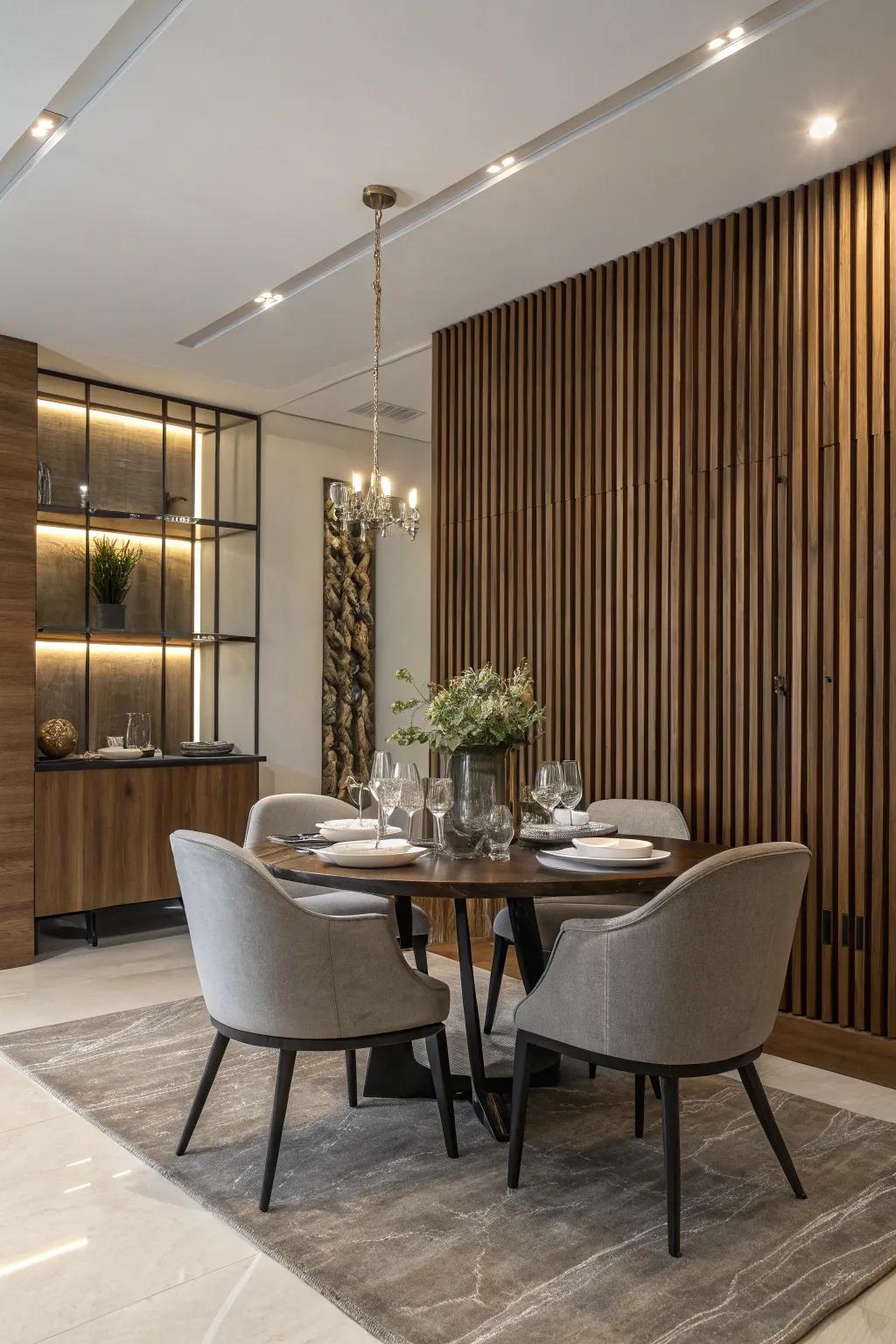 A dining area enhanced by a wood slat accent, fostering an aura of sophisticated dining.
