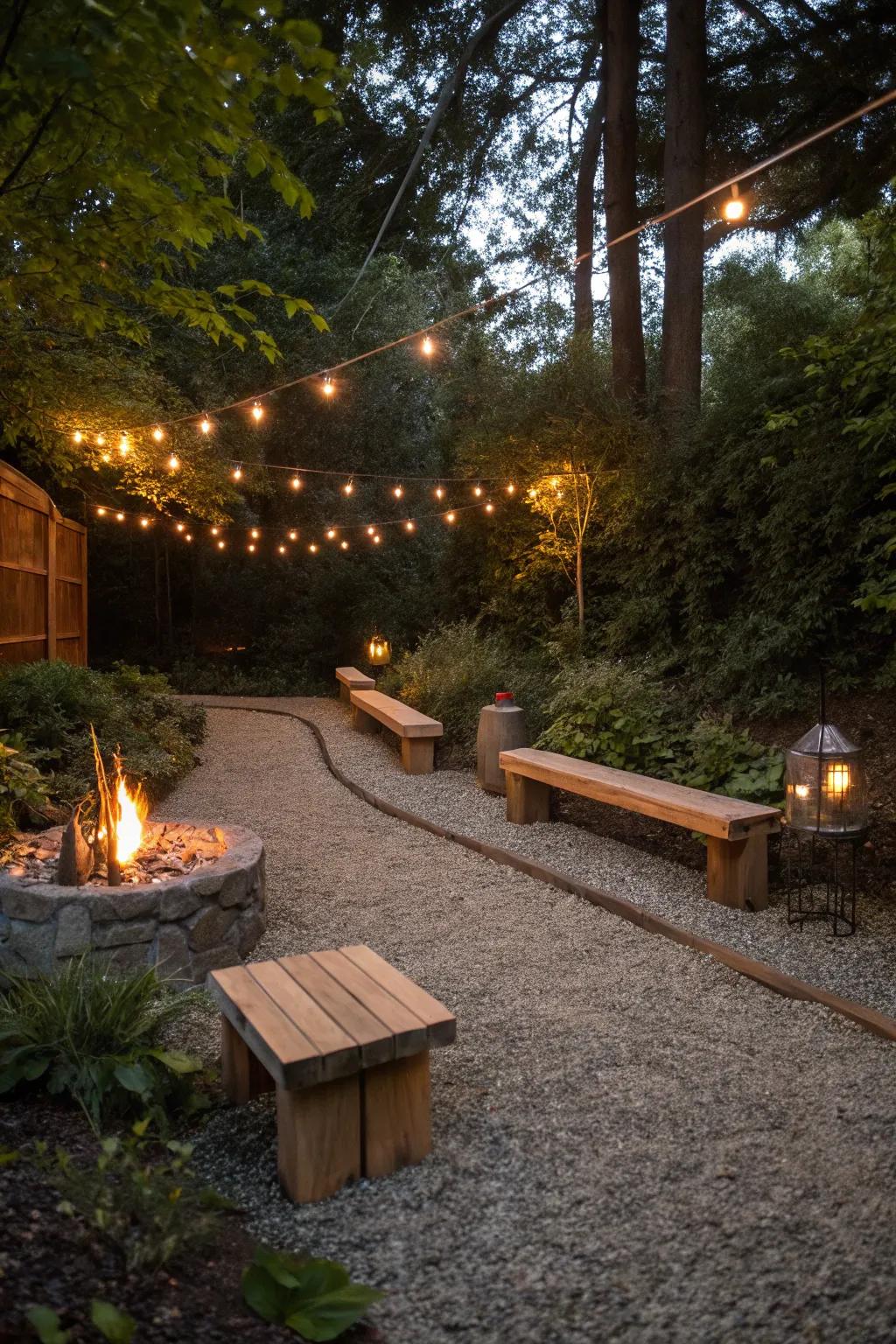 Rustic charm meets comfort with a gravel surface and built-in seating.