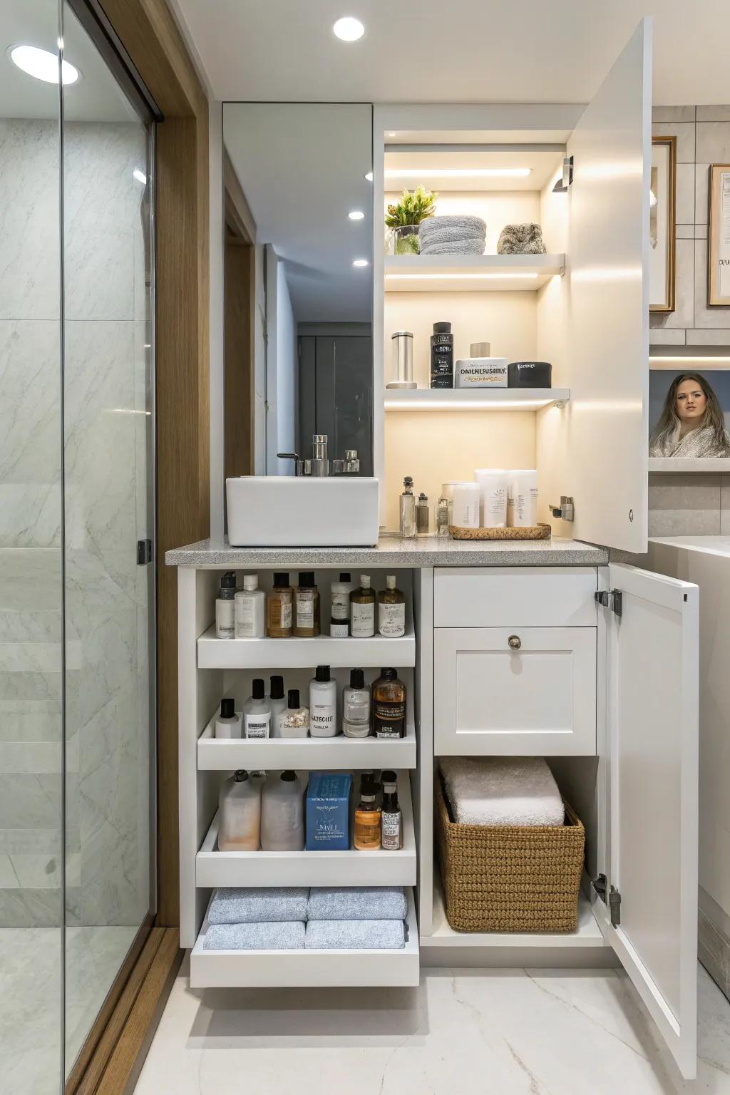 A vanity that includes smart storage features, ensuring everything is neatly organized.