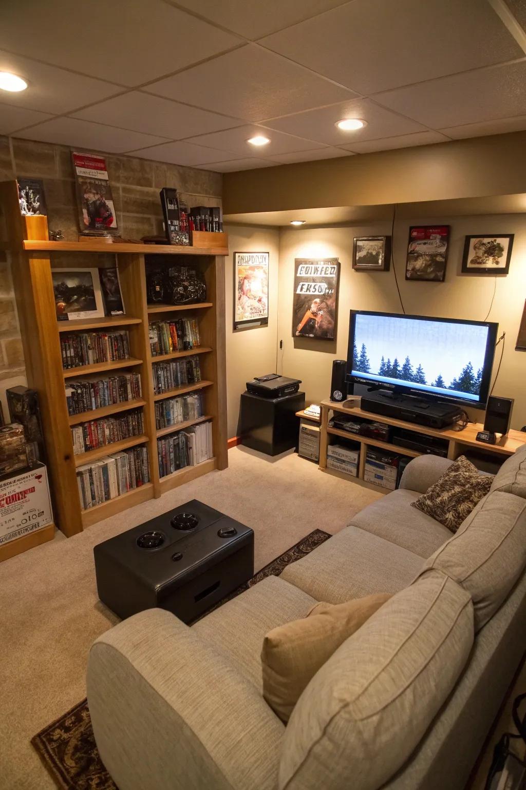 A corner entertainment nook efficiently uses space, integrating a TV and gaming console seamlessly.