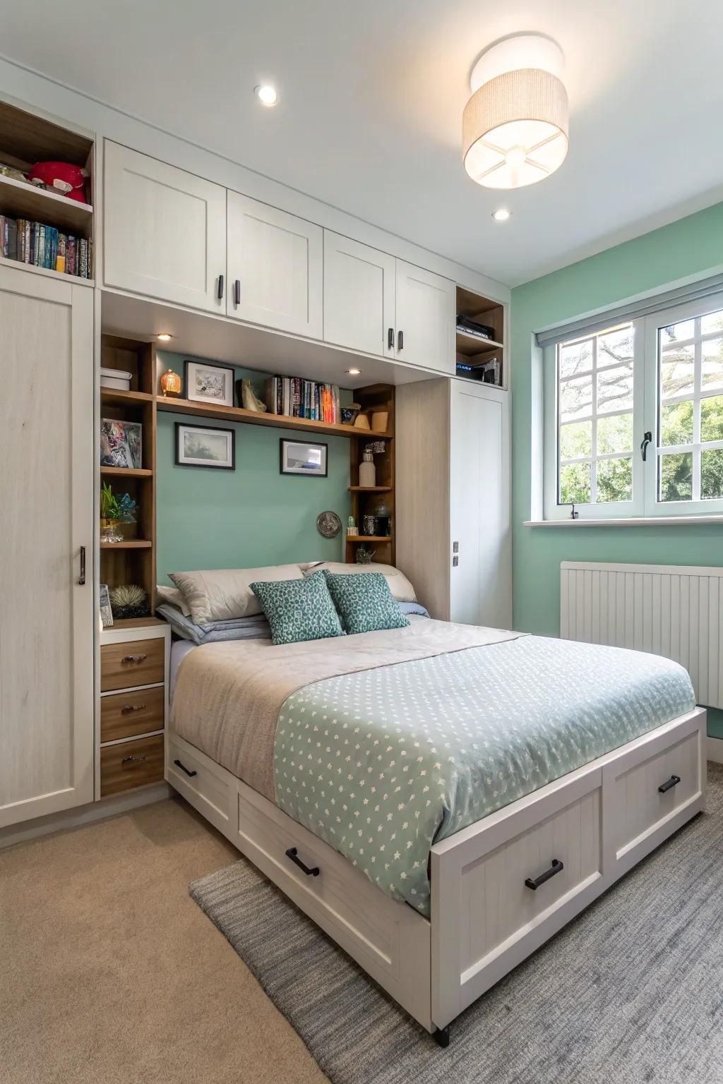 Thoughtful furniture selections optimize the utilization of area in a compact primary bedroom.