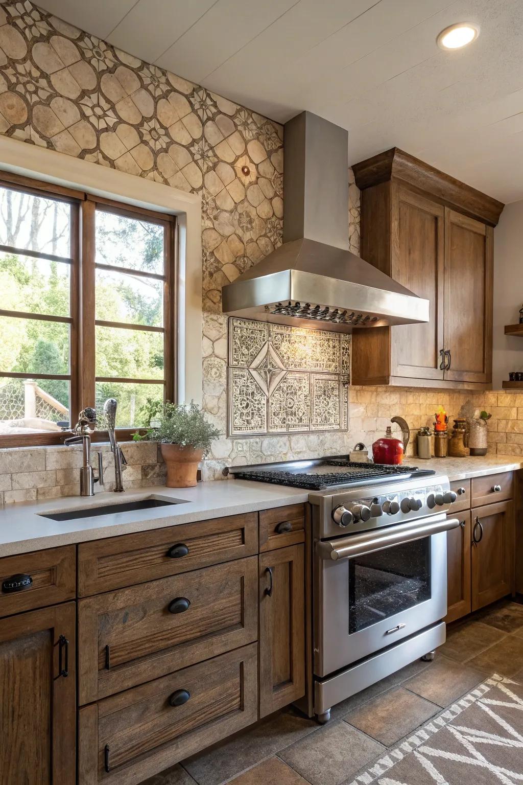 A rustic slab backsplash contrasted with modern kitchen elements.