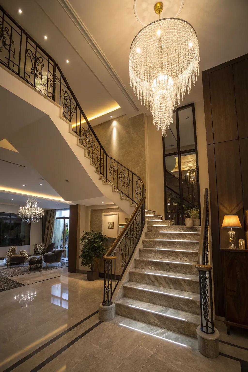 Illuminate your staircase with striking statement lighting.