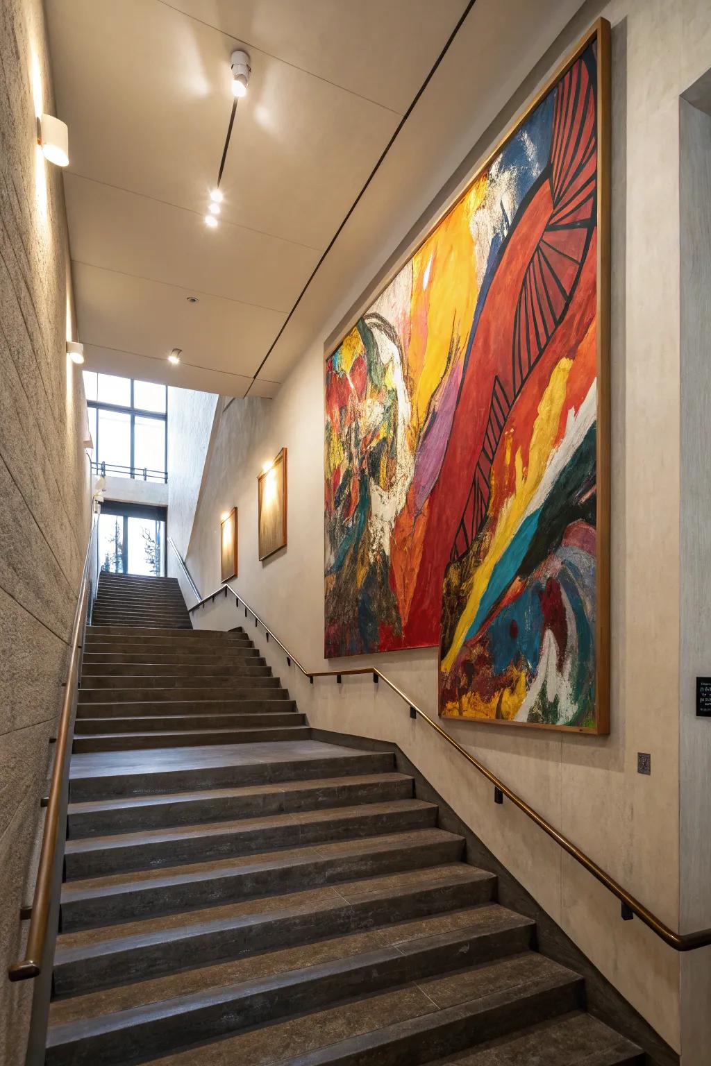 A singular, prominent art piece reimagines the staircase.