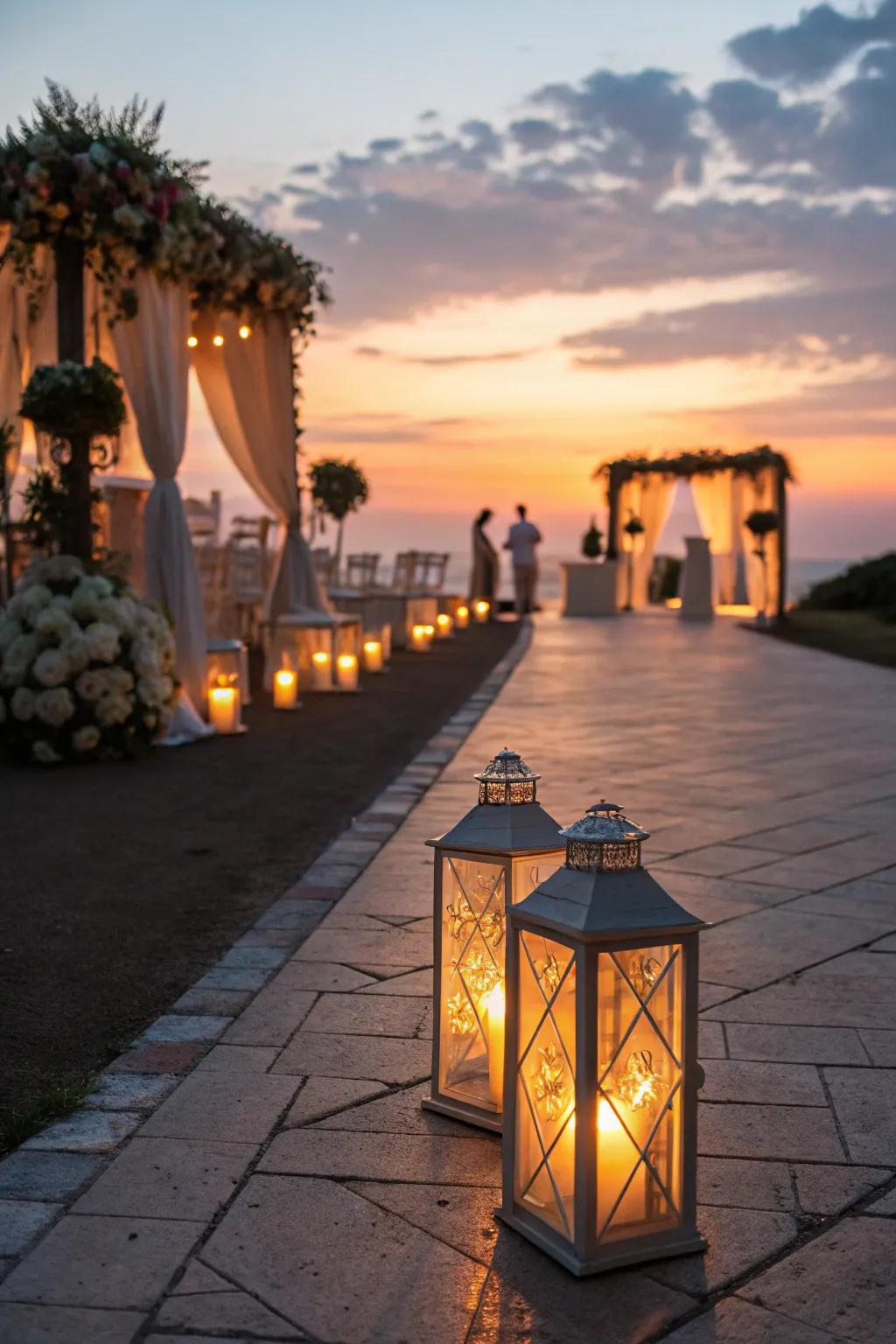 A wedding aisle beautifully illuminated by gleaming lanterns.