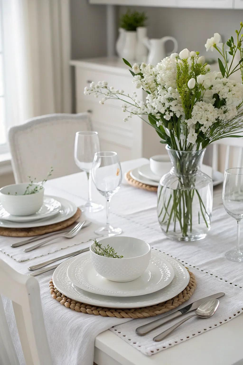 A tranquil table arrangement utilizing a monochromatic white color scheme.