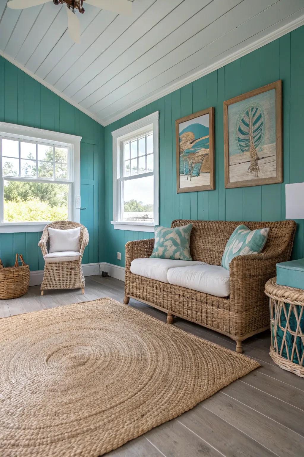 Coastal-themed decor with teal walls and natural textures.