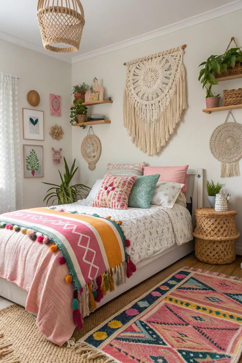 A bohemian-inspired teen girl's bedroom brimming with rich textures and eclectic decor.