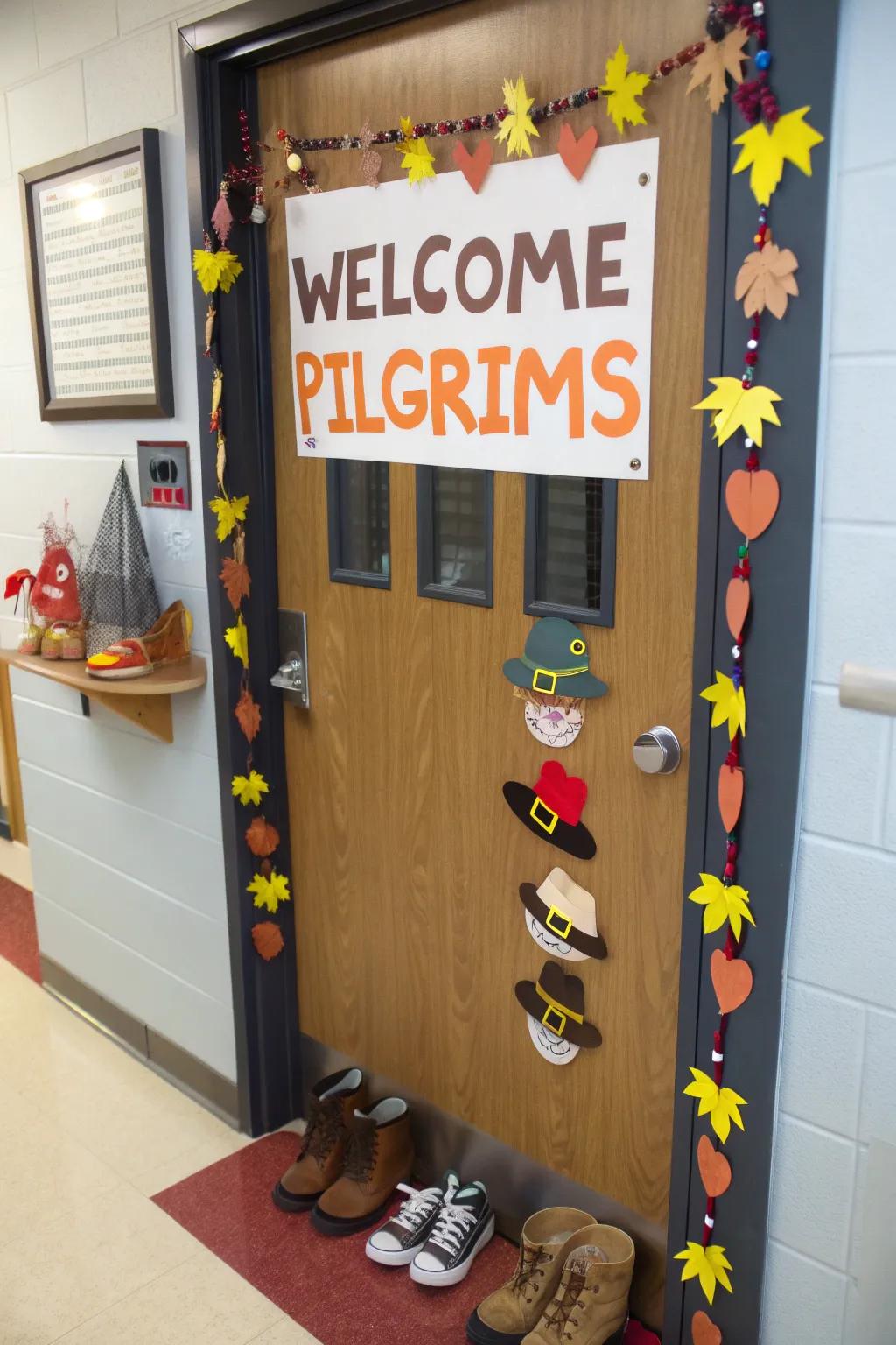A Pilgrim-themed door, warmly welcoming students with a nod to Thanksgiving's history.