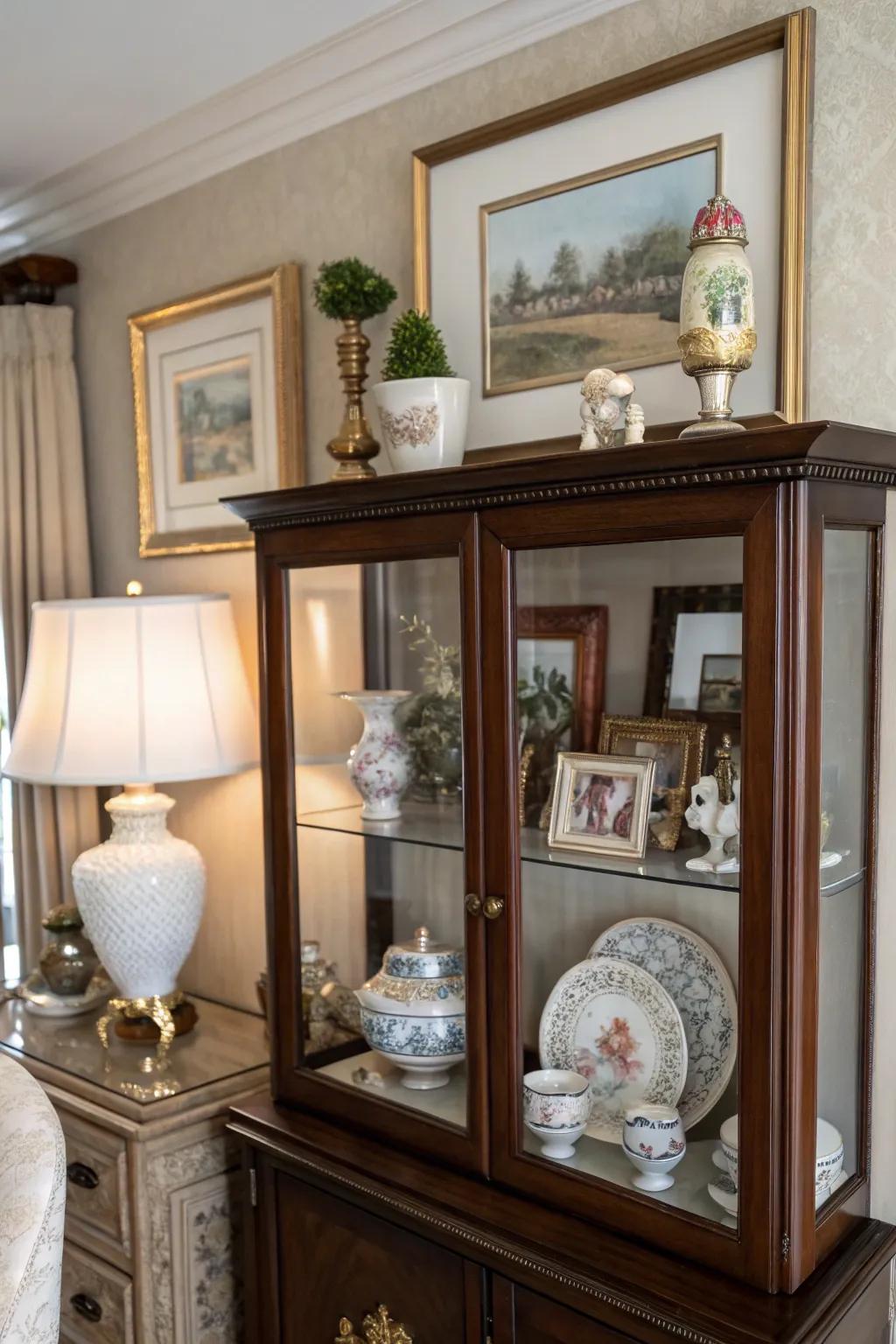 Artistic elements contribute uniqueness and allure to the display cabinet surface.