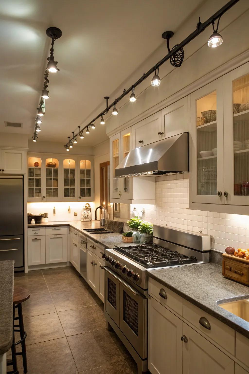 Directional track lighting focusing on essential kitchen workspaces