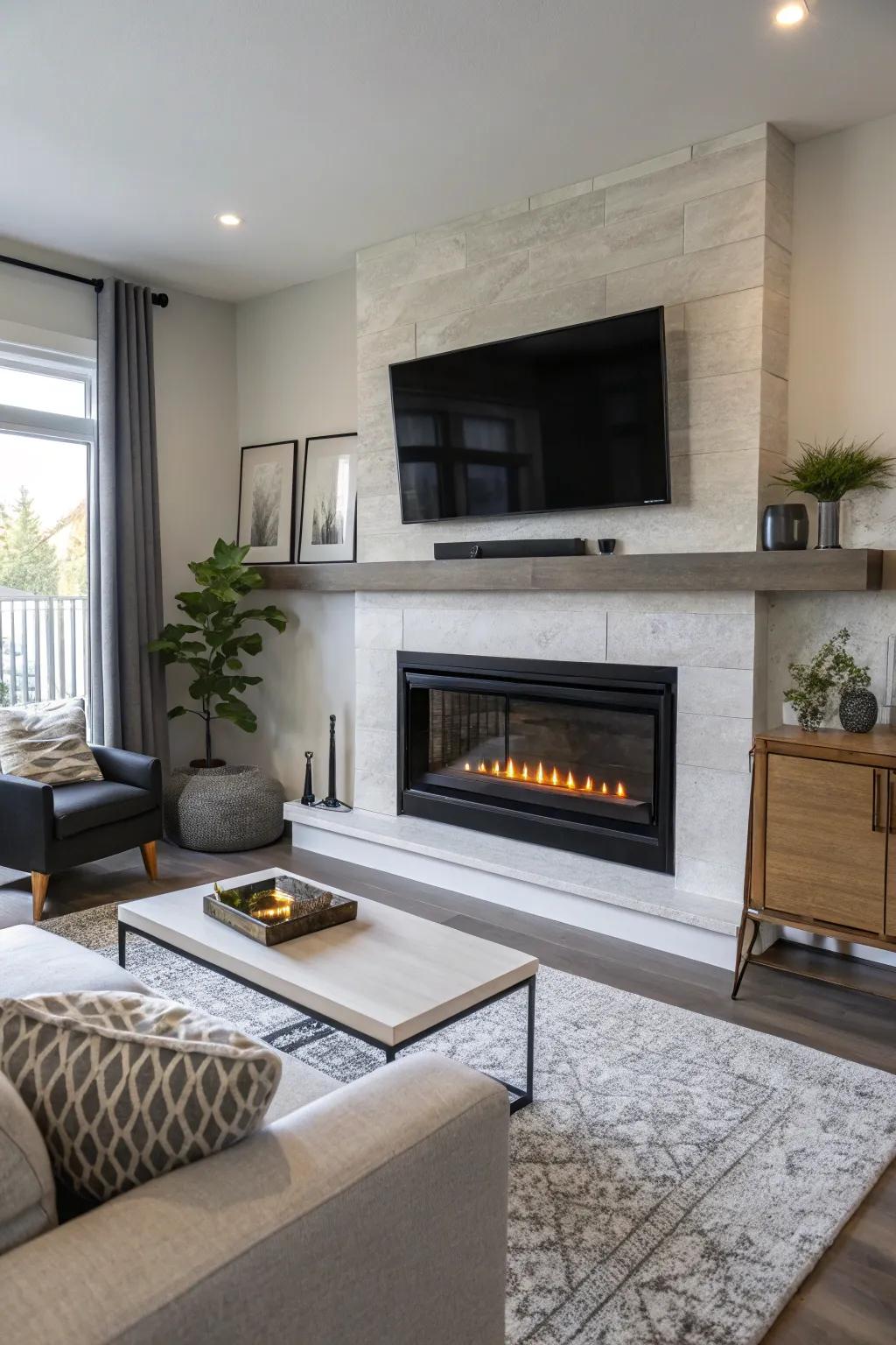A harmonious mix of TV and hearth, radiating both coziness and style.