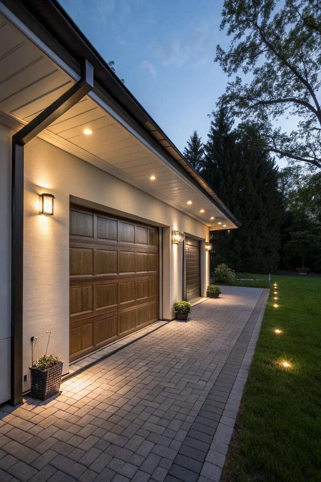 Under eave lighting elevates the garage into a stylish highlight.