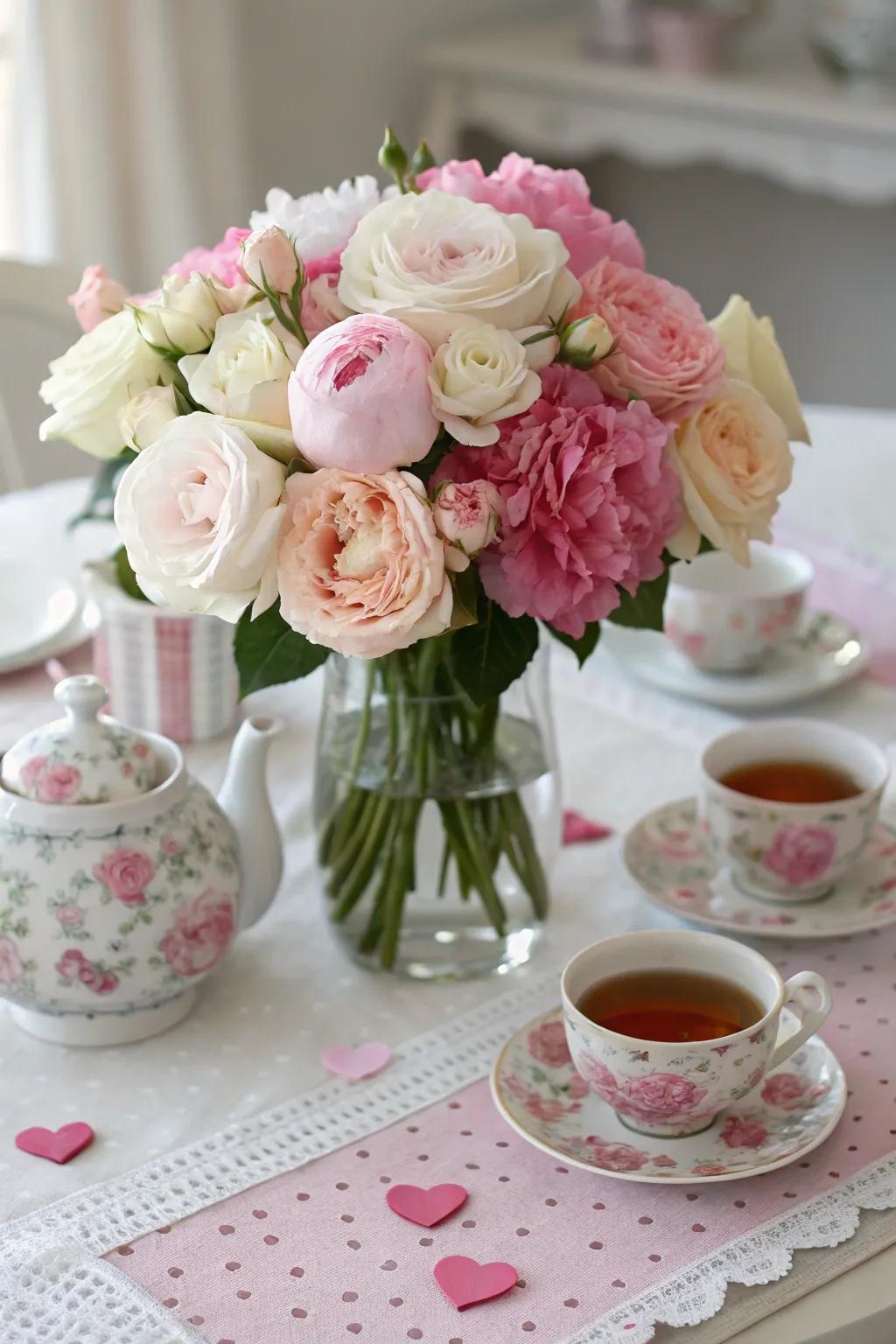 A beautiful floral arrangement with pink and white roses and peonies.