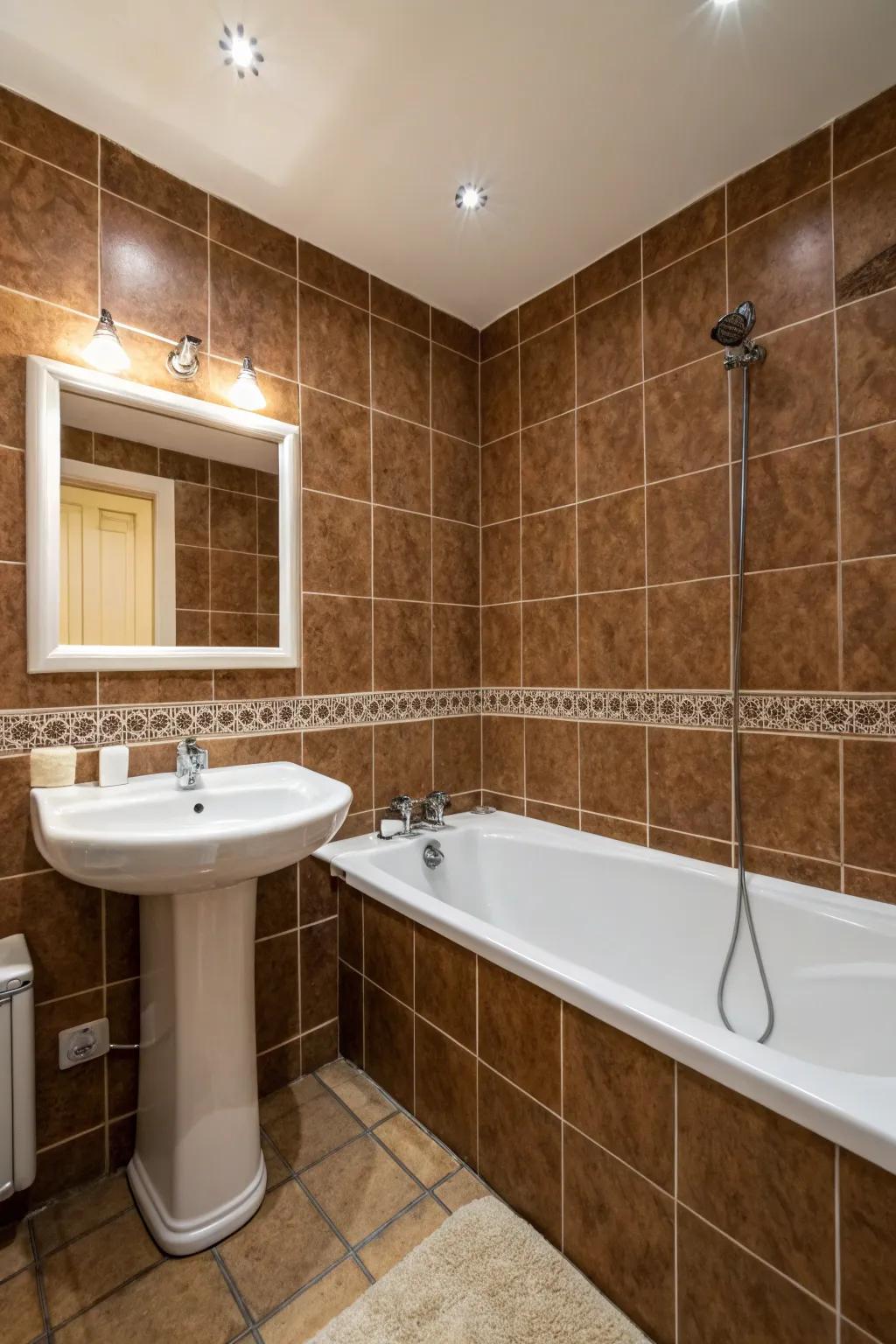 White appliances beautifully contrast with brown tiles, crafting a classic aesthetic.