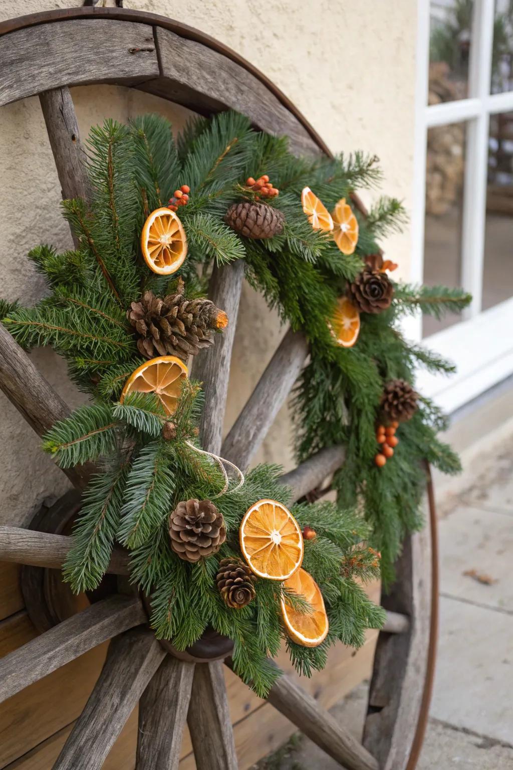 A cartwheel embellished with spruce and dehydrated citrus, forming a festive holiday garland.