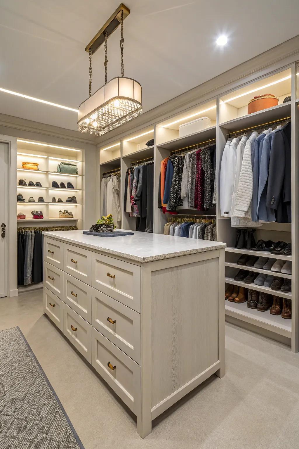 A central island with drawers adds both elegance and practical storage.