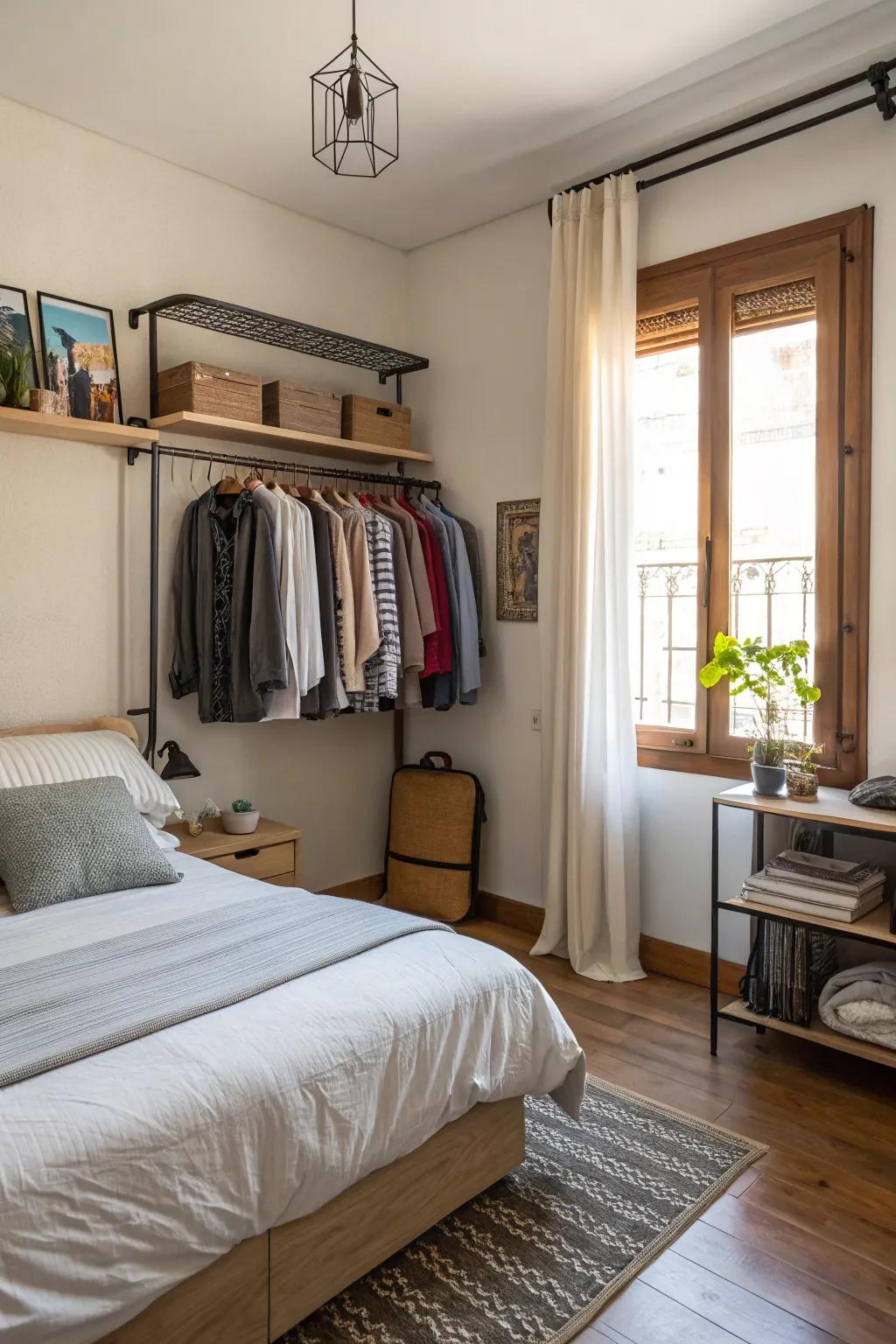 A small apartment bedroom featuring a space-saving wall-mounted clothing rack.