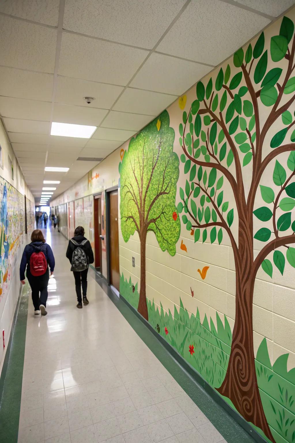 Nature-inspired wall designs impart a revitalizing and peaceful ambiance to this school corridor.