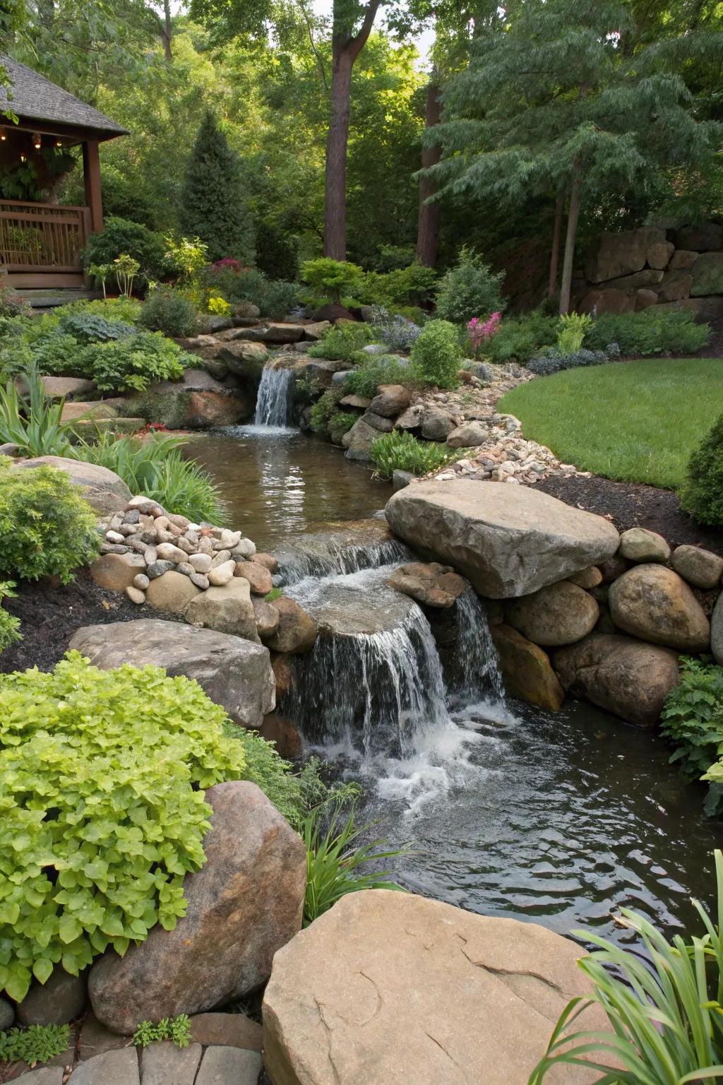 A backyard stream with a waterfall adds dynamic movement to the landscape.