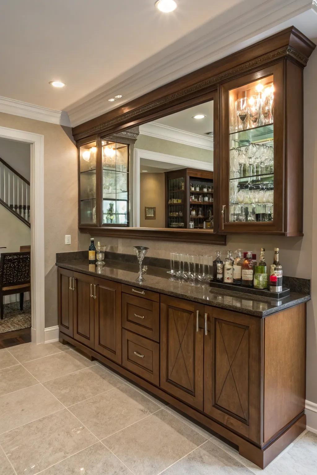 Enhance your wet bar with a mirrored backsplash.