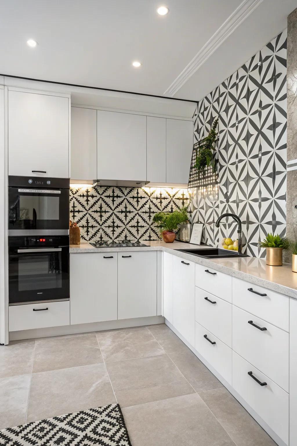 Dark and light angular designs creating a striking, modern dialogue with white cabinets.