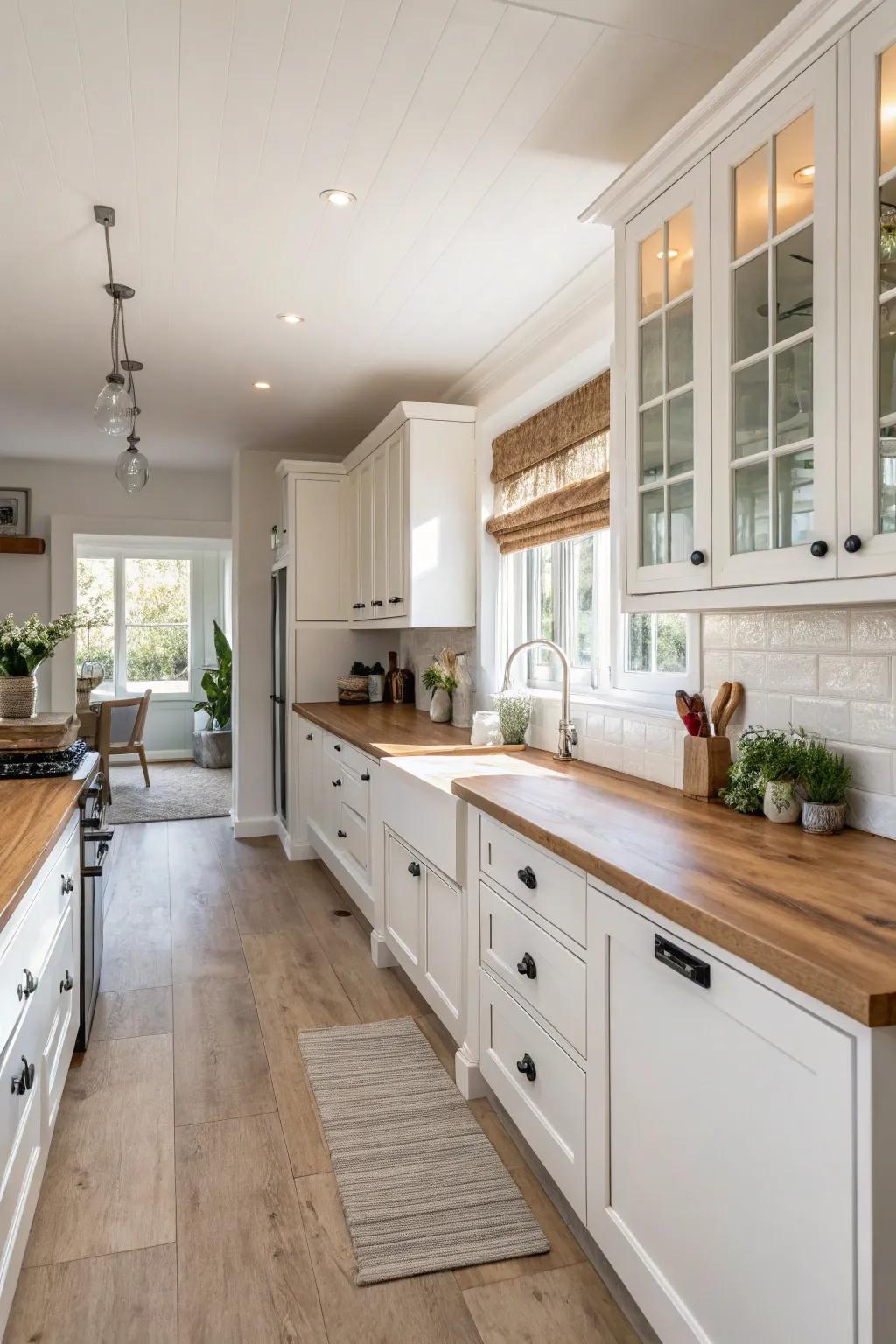 An open-plan cooking space that exudes both charm and user-friendliness.