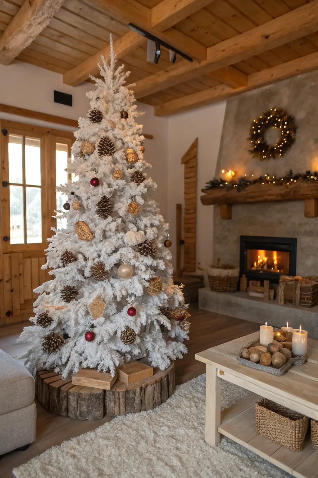 Rustic natural charm on a white Christmas tree.