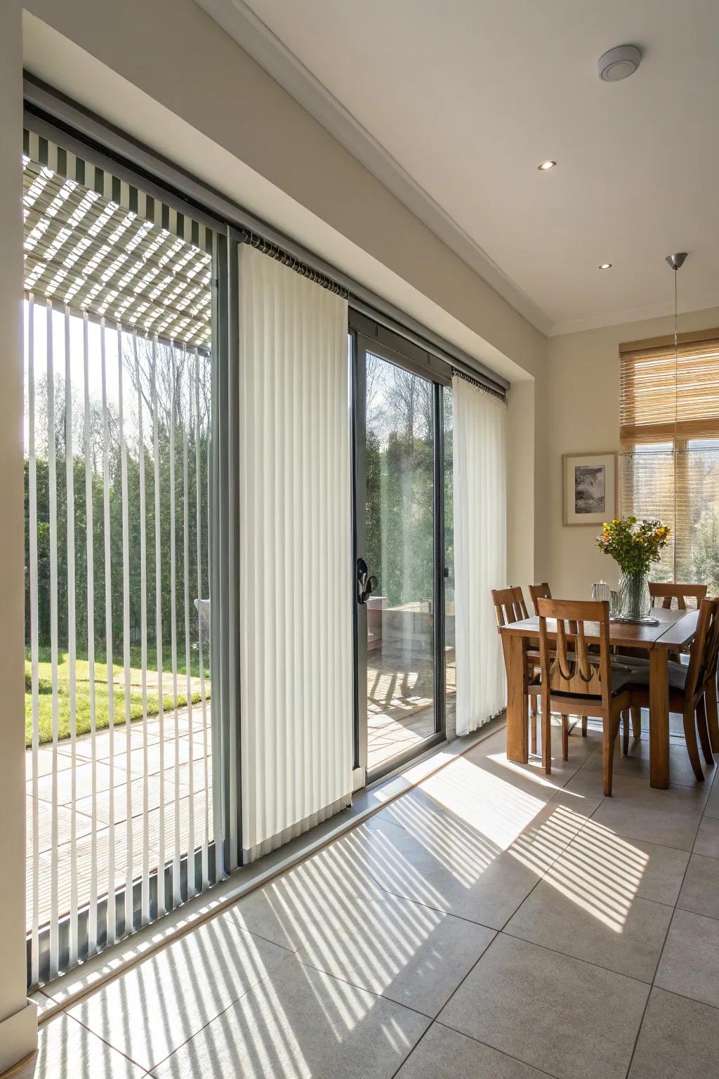 Upright shades offering functional light management in a dining area