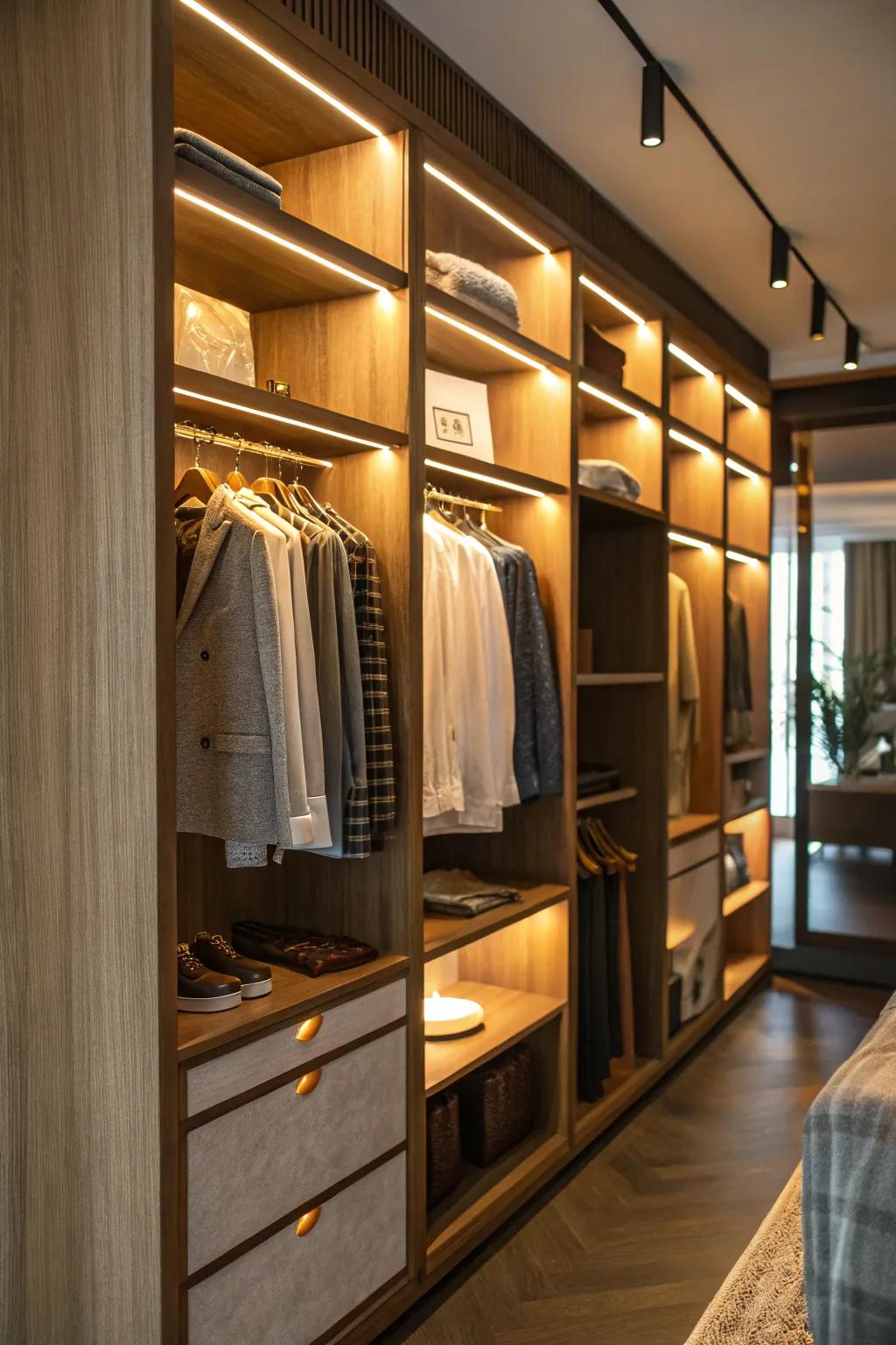 Warm lighting transforms your closet into a relaxing retreat.