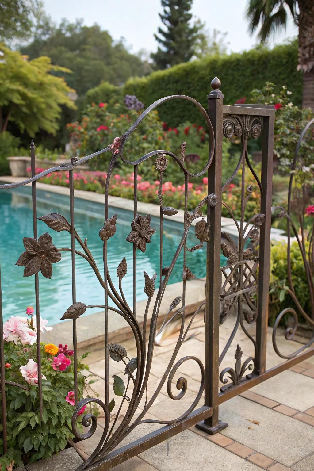 Artistic decorative metal barrier designs bring a personal touch to this pool area.