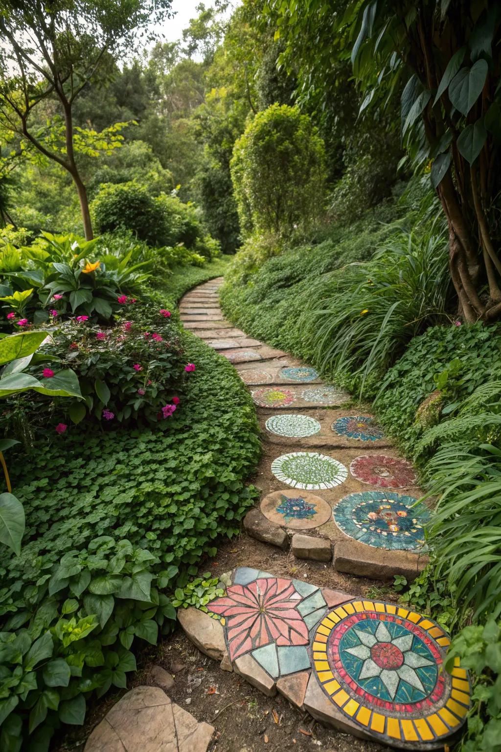 Mosaic stepping stones create an artistic pathway through the garden.