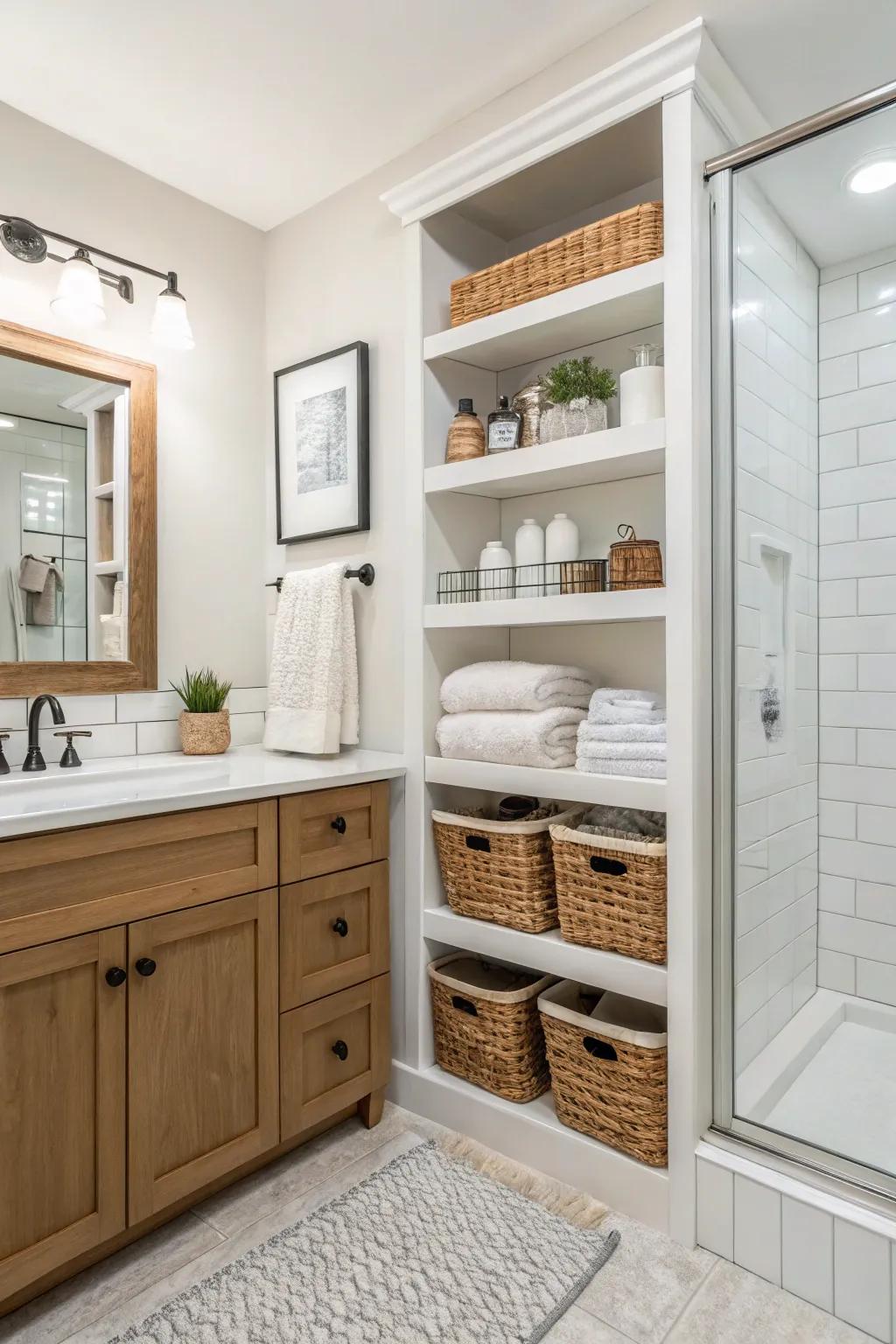 Smart storage solutions with wall-mounted cabinets and shelving.