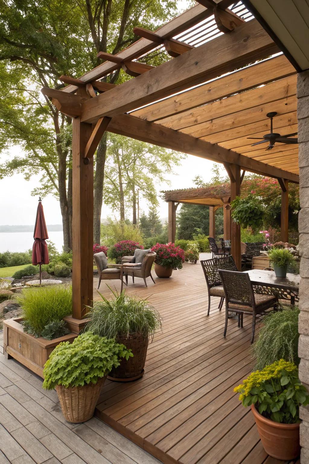 Natural timber beams contribute a rustic touch to a patio.