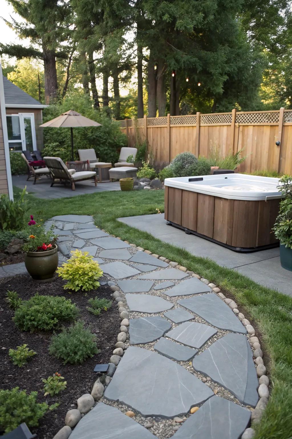 A flagstone pathway adds charm and easy access.