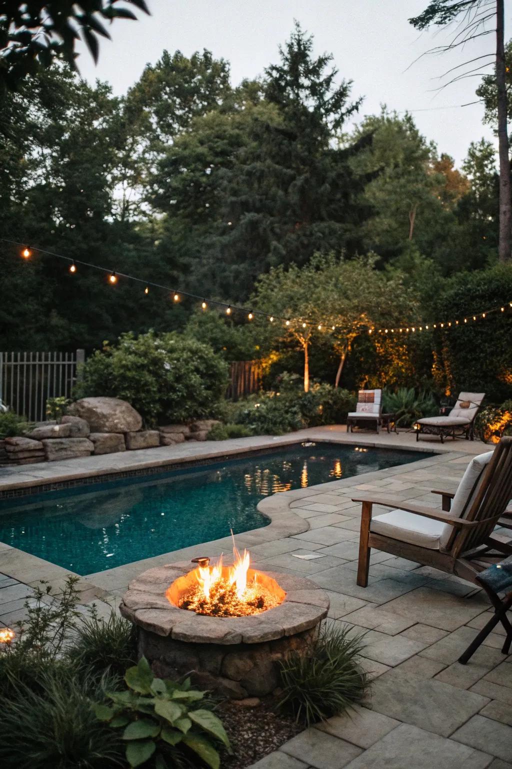 A cozy pool area with a fire pit for evening gatherings.