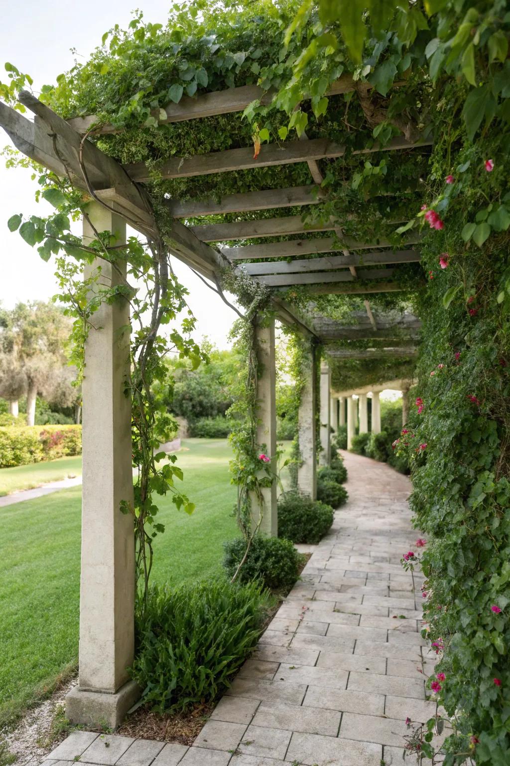 An inviting pergola with vines enhancing charm and privacy.