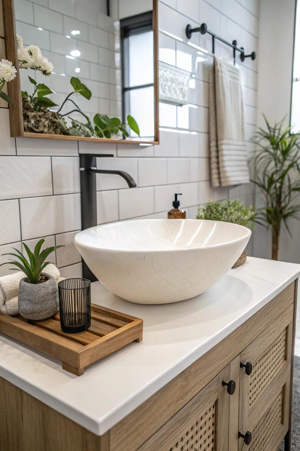 A vessel basin commands attention as a pivotal bathroom feature.