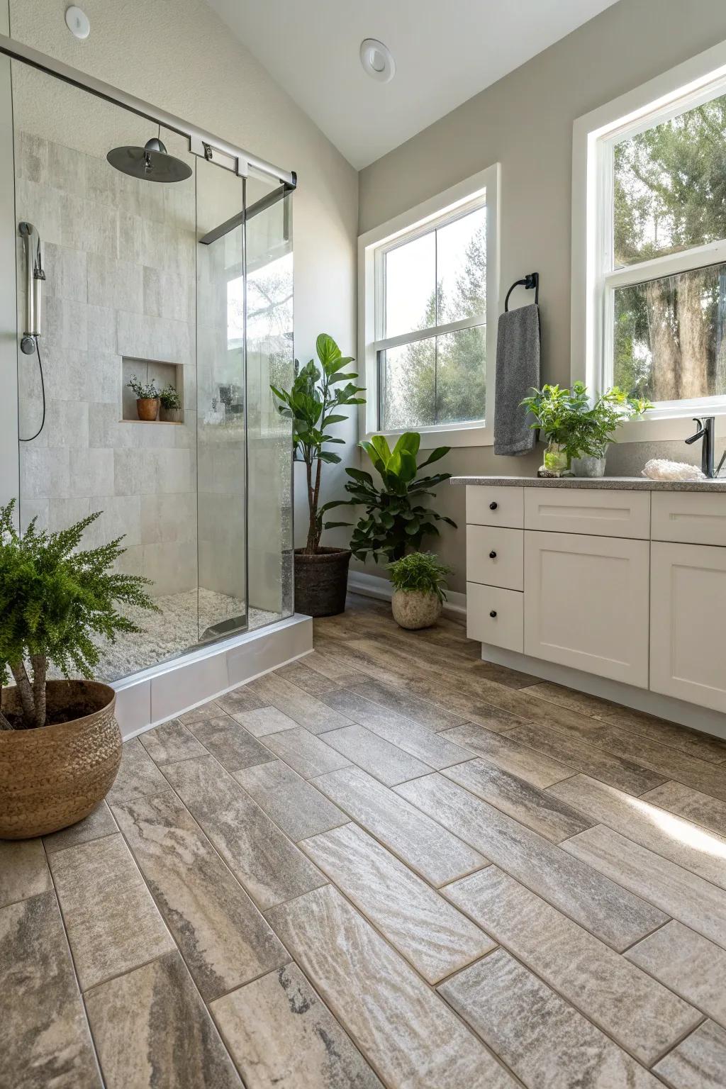 Stone-look durable flooring includes a sophisticated element to this modern bathroom.